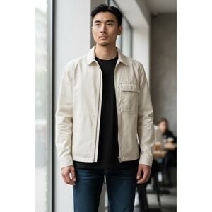 HM‎ Mens Cream Utility Jacket Long Sleeve Full Zip Collar Pocket Casual Size M